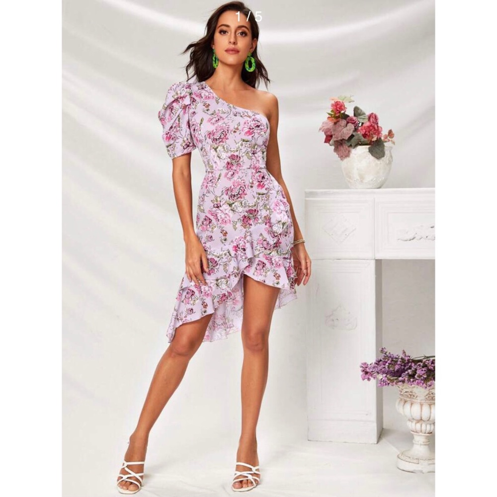 Shein One-Shoulder Ruffle Trim Asymmetrical Dress